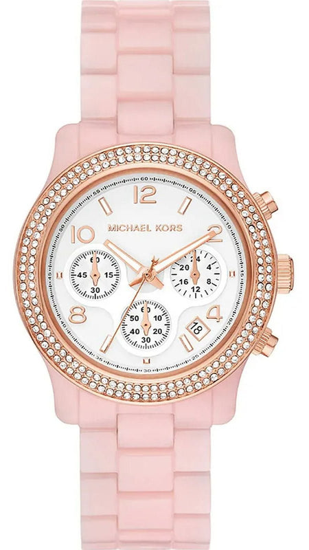 Michael Kors Runway Chronograph White Dial Pink Steel Strap Watch for Women - MK7424 Buy Now By Michael Kors