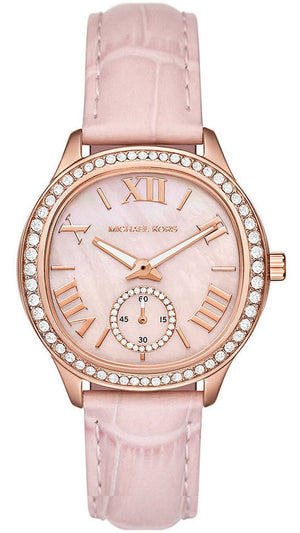 Michael Kors Sage Three-Hand Mother of Pearl Pink Dial Pink Leather Strap Watch for Women - MK4820 Buy Now By Michael Kors