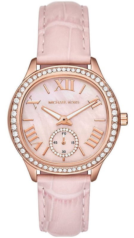 Michael Kors Sage Three-Hand Mother of Pearl Pink Dial Pink Leather Strap Watch for Women - MK4820 Buy Now By Michael Kors